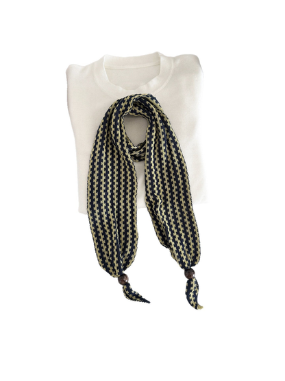 Yellow / Navy narrow patterned scarf with dark round end beads