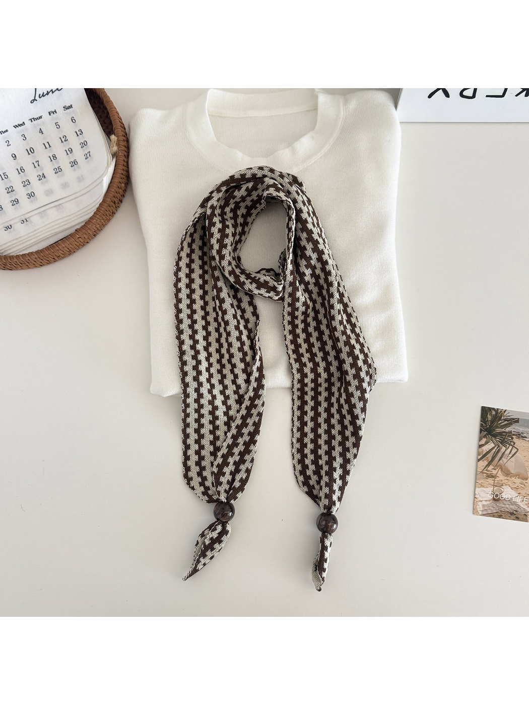 Brown / Cream narrow patterned scarf with dark round end beads
