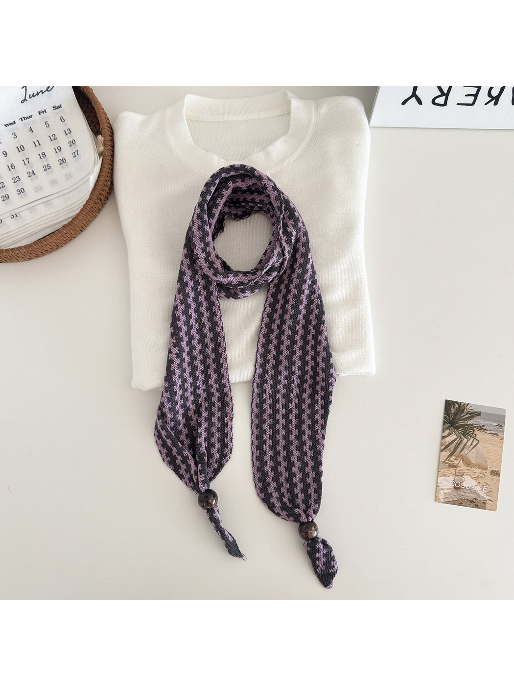 Purple / Gray narrow patterned scarf with dark round end beads