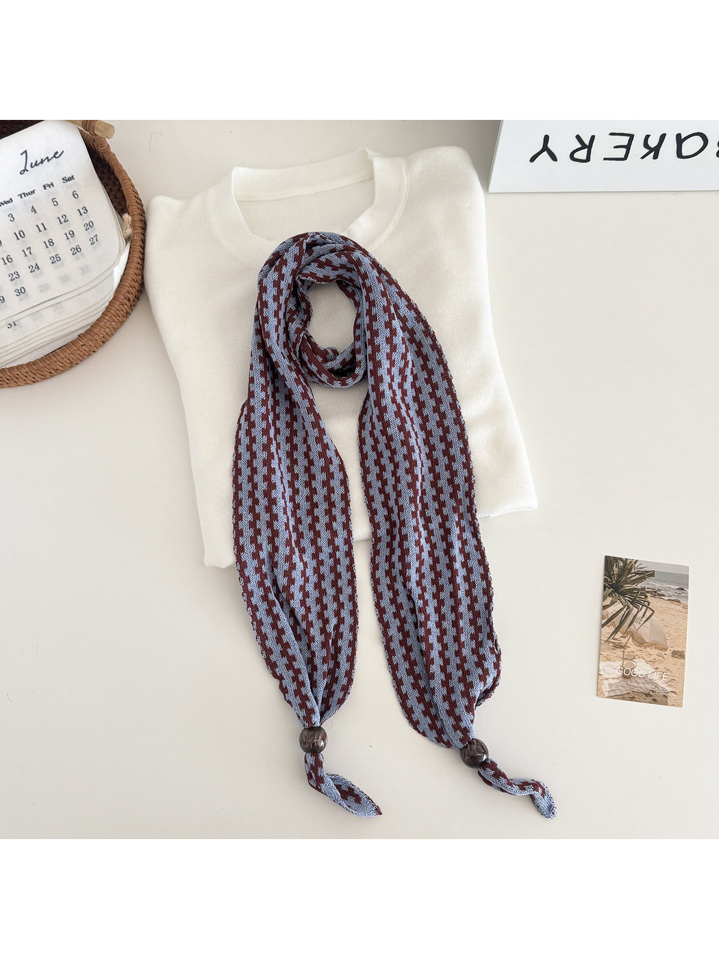 Blue / Burgundy narrow patterned scarf with dark round end beads