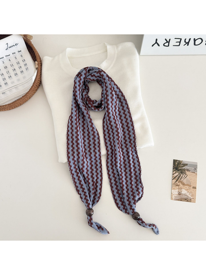 Blue / Burgundy narrow patterned scarf with dark round end beads