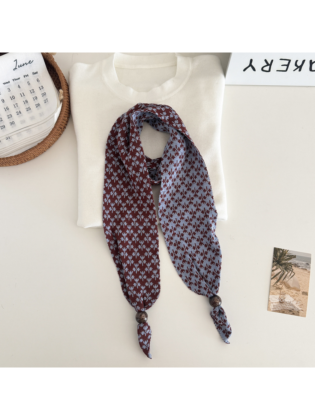 Burgundy and blue patterned narrow scarf with beaded tapered ends