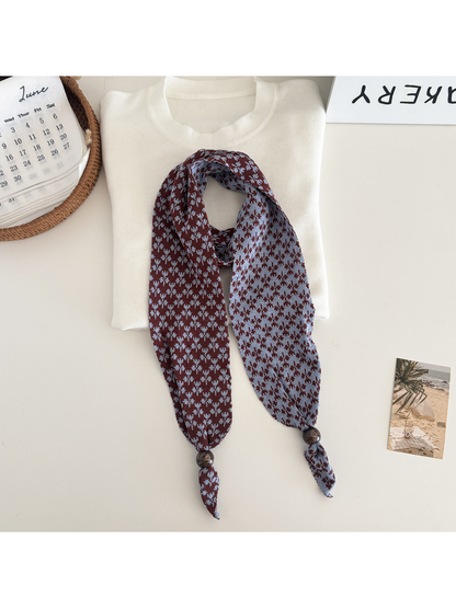 Burgundy and blue patterned narrow scarf with beaded tapered ends