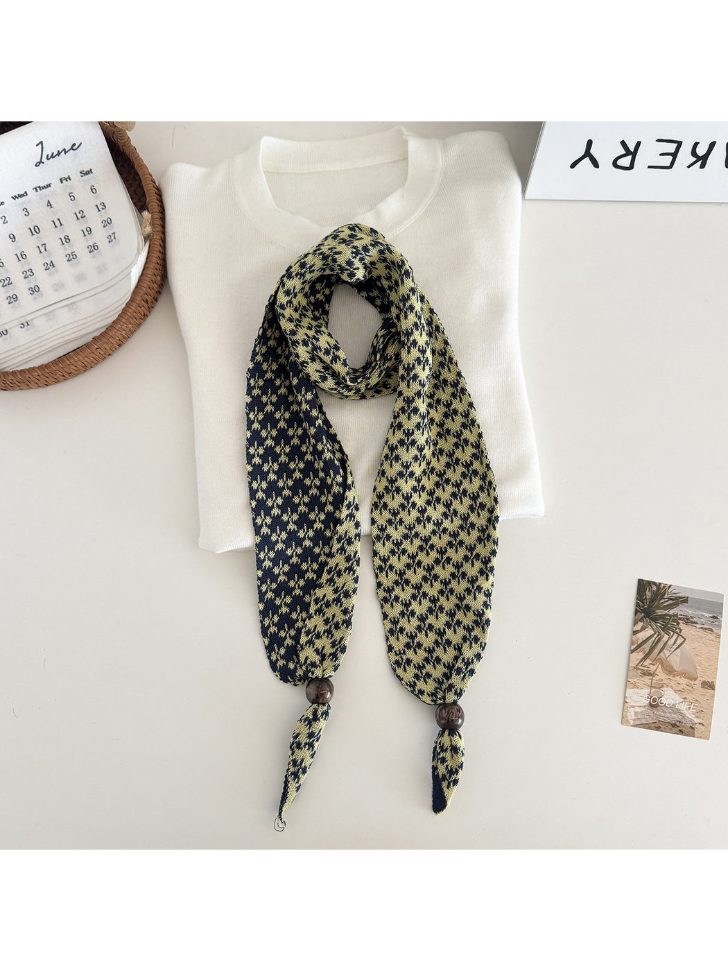 Yellow patterned narrow scarf with beaded tapered ends