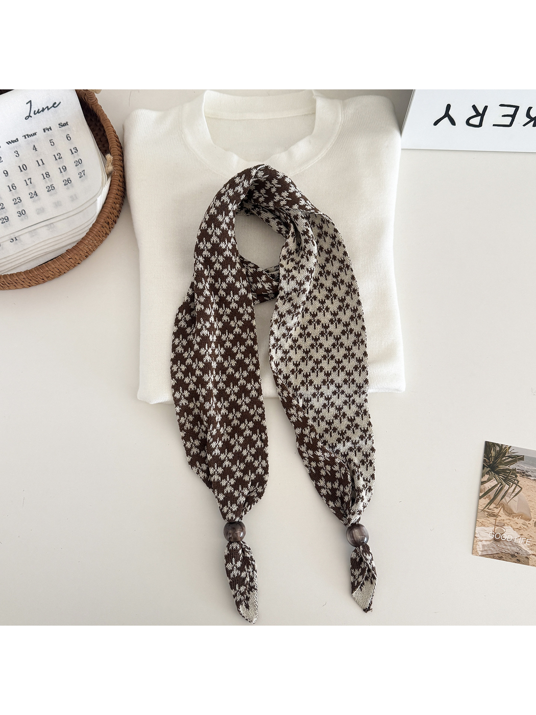 Coffee and beige patterned narrow scarf with beaded tapered ends