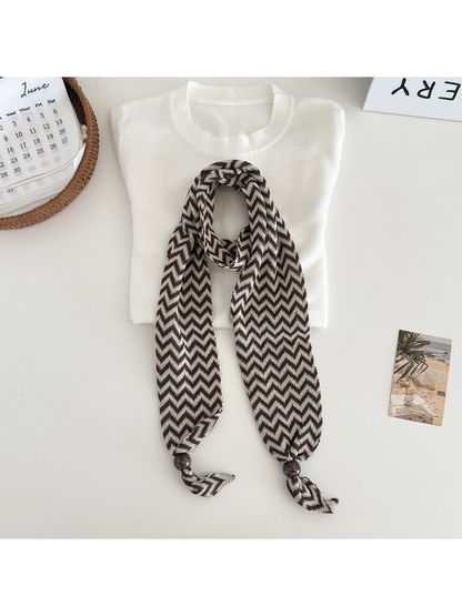 Coffee / Beige zigzag scarf with bead-accented pointed ends