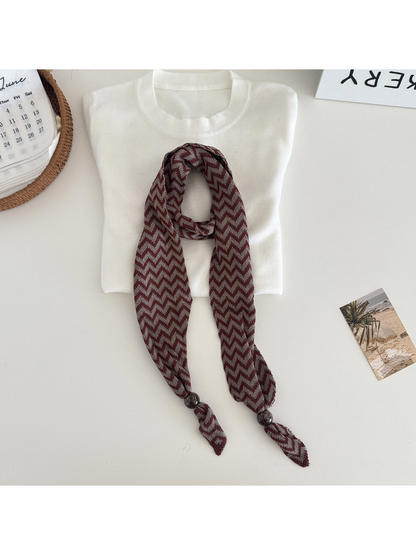 Coffee / Burgundy zigzag scarf with bead-accented pointed ends