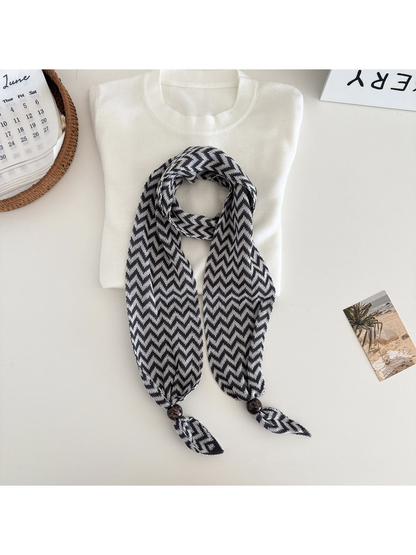 Beige / Gray zigzag scarf with bead-accented pointed ends