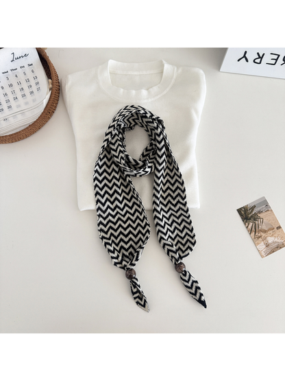 Black / White zigzag scarf with bead-accented pointed ends