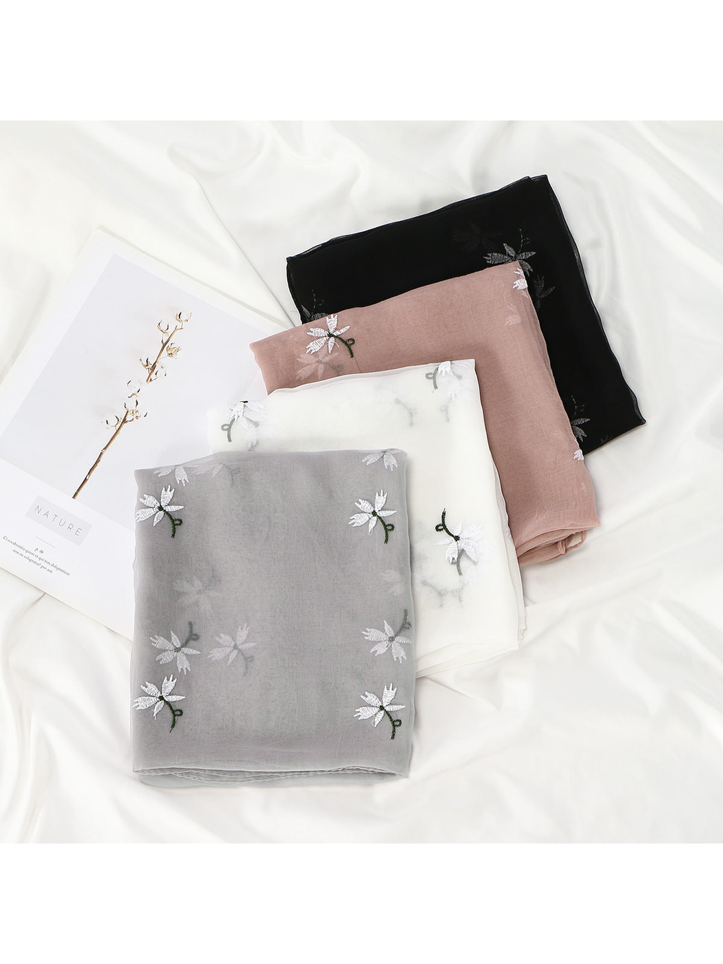 Gray, White, Dusty Pink and Black floral scarves layered together