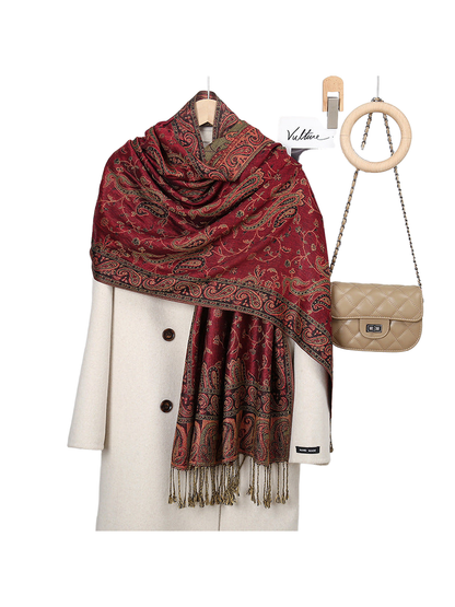 Burgundy paisley scarf with floral-vine pattern and fringed ends