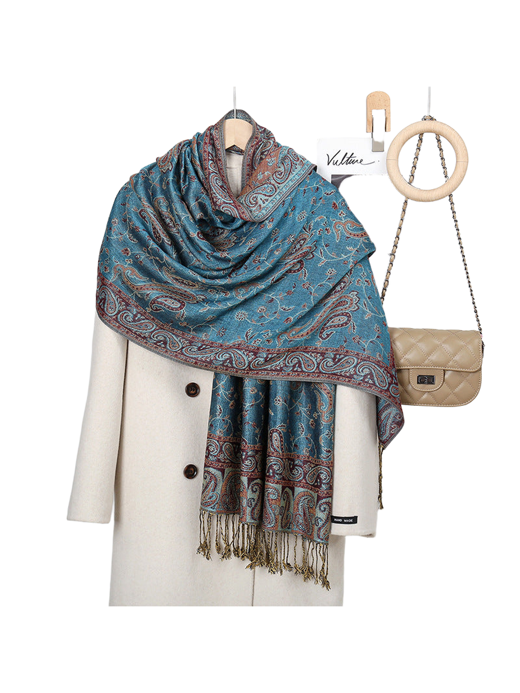 Teal Blue paisley scarf with floral-vine pattern and fringed ends