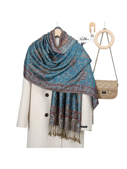 Teal Blue paisley scarf with floral-vine pattern and fringed ends