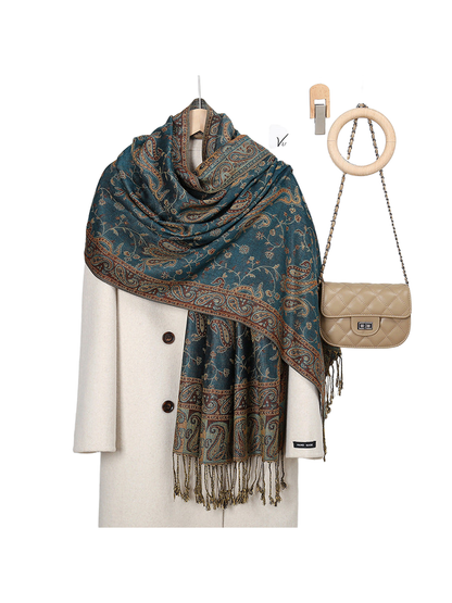 Deep Teal paisley scarf with floral-vine pattern and fringed ends