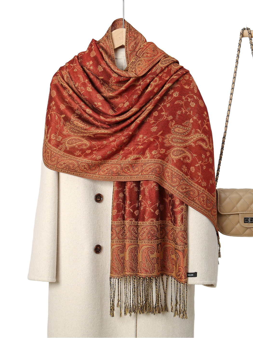 Brick Red paisley scarf with floral-vine pattern and fringed ends