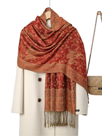Brick Red paisley scarf with floral-vine pattern and fringed ends