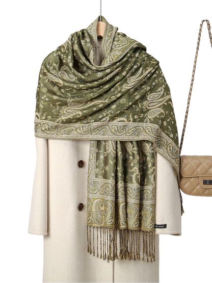 Army Green paisley scarf with floral-vine pattern and fringed ends