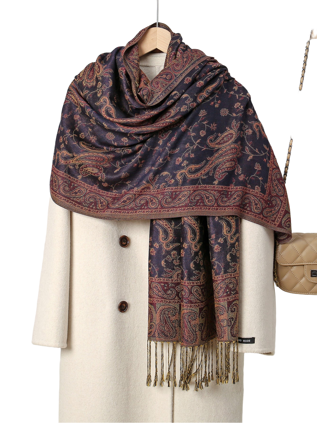 Navy Orange paisley scarf with floral-vine pattern and fringed ends
