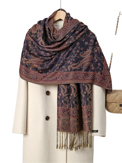 Navy Orange paisley scarf with floral-vine pattern and fringed ends
