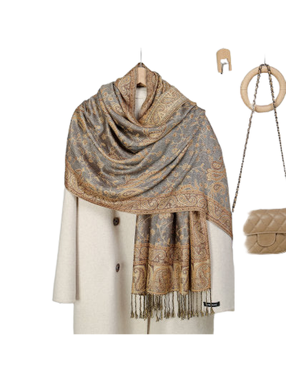 Greige paisley scarf with floral-vine pattern and fringed ends