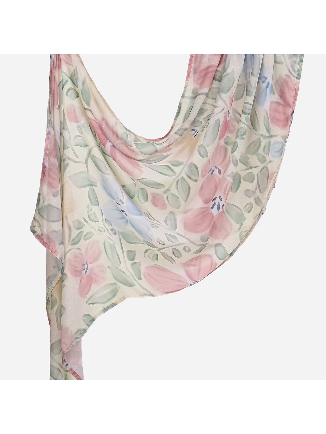 Close-up of the floral and leaf print and narrow stitched edge
