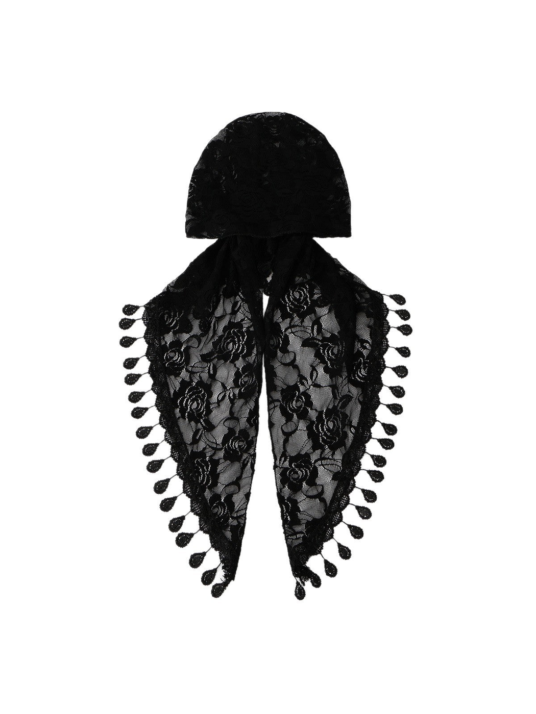 Black floral lace cap-style headscarf with teardrop fringe, flat lay
