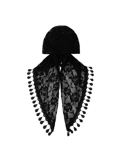 Black floral lace cap-style headscarf with teardrop fringe, flat lay