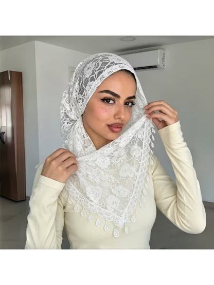 White floral lace headscarf styled with a front drape indoors
