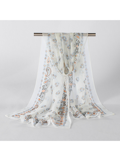 White Paisley sheer scarf displayed in a full draped view