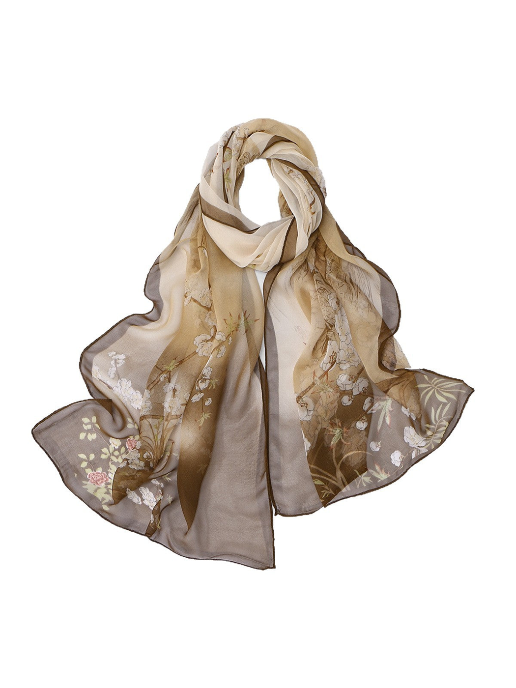 Coffee Floral sheer scarf arranged in a loop on a white background