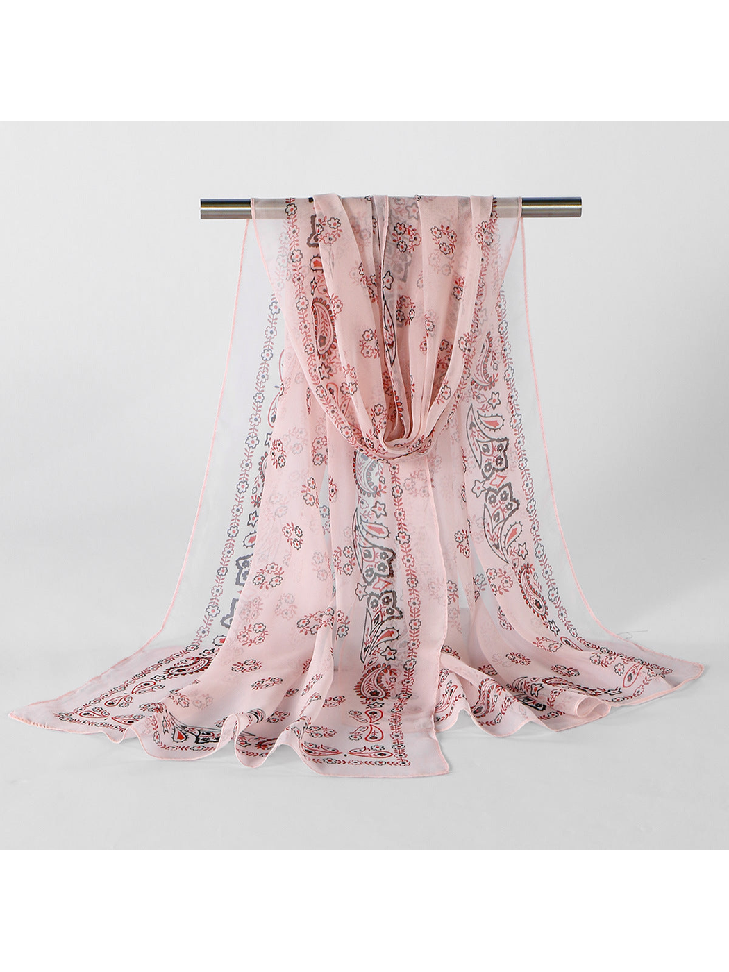 Pink Paisley sheer scarf displayed in a full draped view