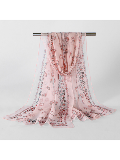 Pink Paisley sheer scarf displayed in a full draped view