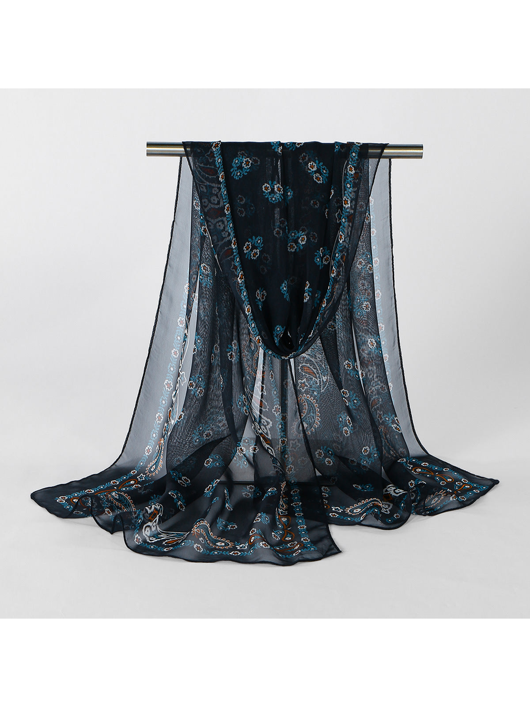 Navy Paisley sheer scarf displayed in a full draped view