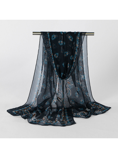 Navy Paisley sheer scarf displayed in a full draped view