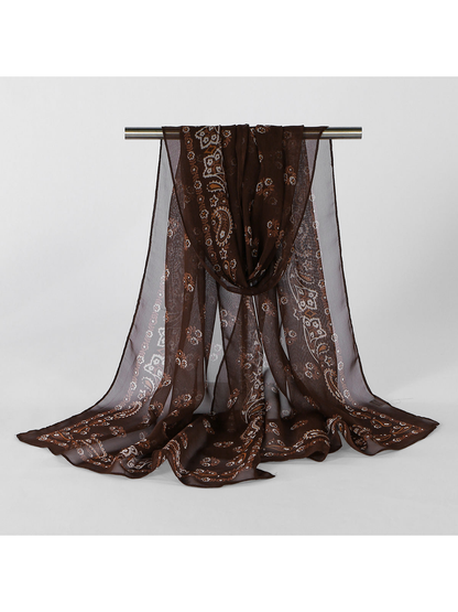 Brown Paisley sheer scarf displayed in a full draped view