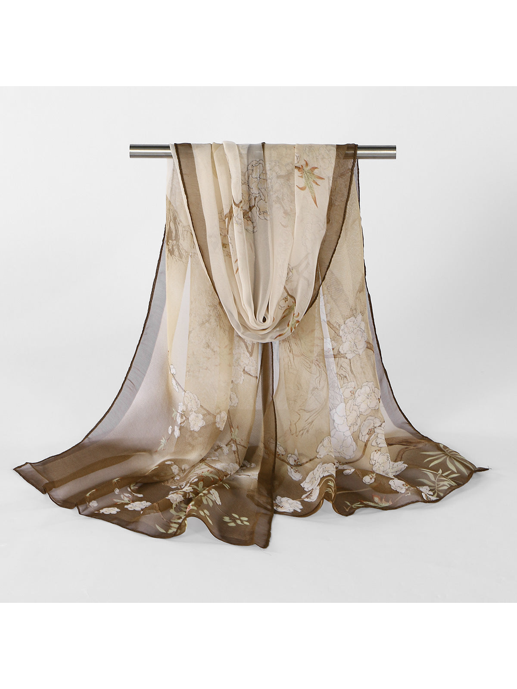 Coffee Floral sheer scarf displayed in a full draped view