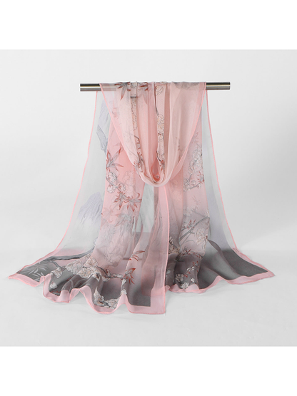 Pink Floral sheer scarf displayed in a full draped view