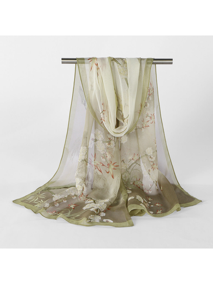 Khaki Floral sheer scarf displayed in a full draped view