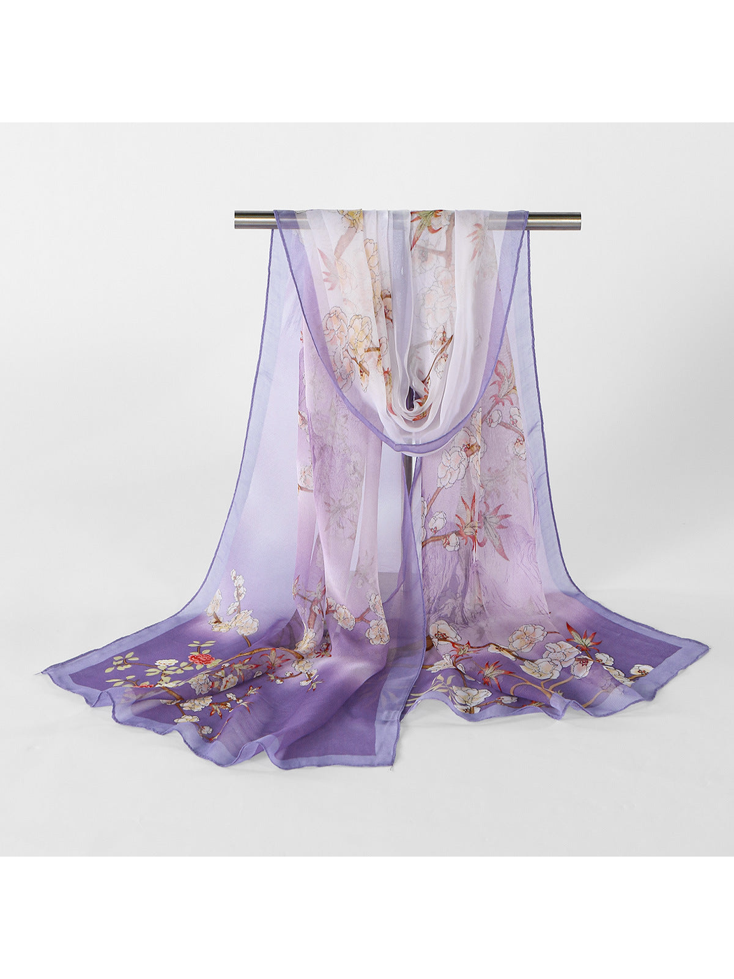 Purple Floral sheer scarf displayed in a full draped view