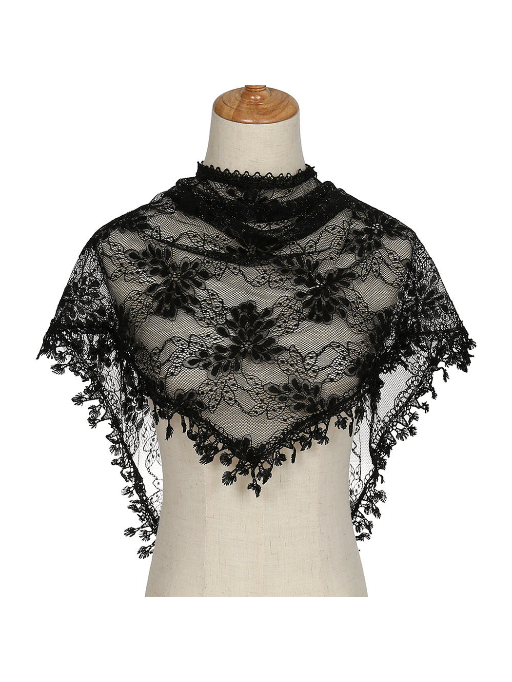 Black floral lace triangle scarf with decorative fringe on mannequin