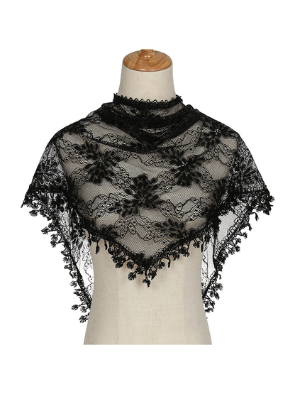 Black floral lace triangle scarf with decorative fringe on mannequin