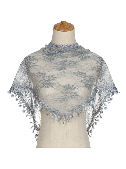 Gray Blue floral lace triangle scarf with decorative fringe on mannequin