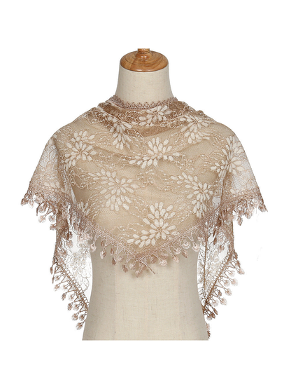 Beige floral lace triangle scarf with decorative fringe on mannequin