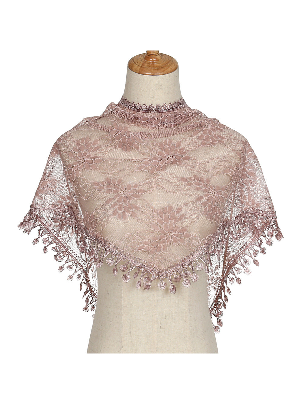 Blush floral lace triangle scarf with decorative fringe on mannequin