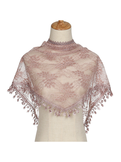 Blush floral lace triangle scarf with decorative fringe on mannequin