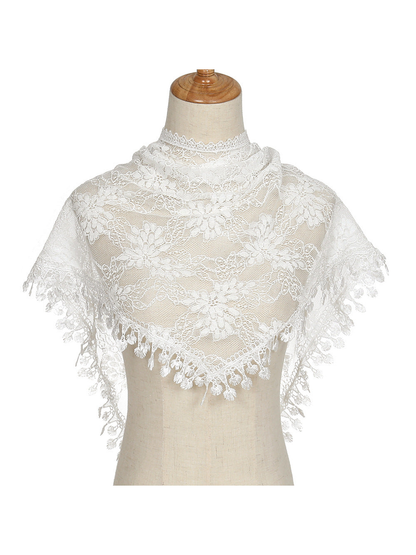 White floral lace triangle scarf with decorative fringe on mannequin