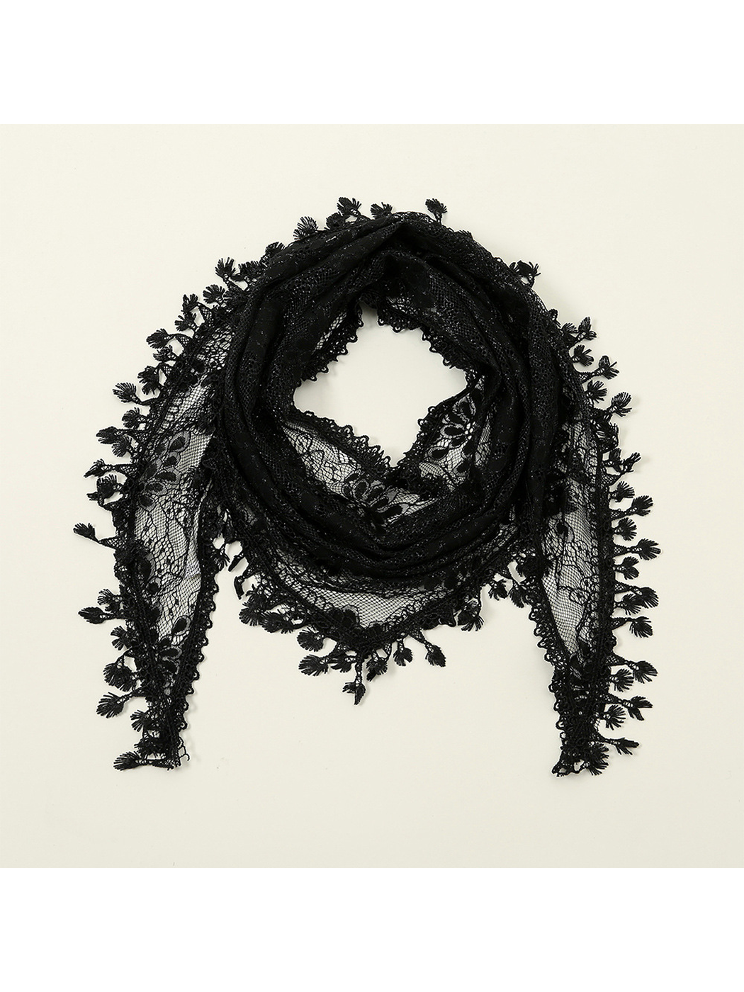 Black floral lace triangle scarf arranged in a loose loop