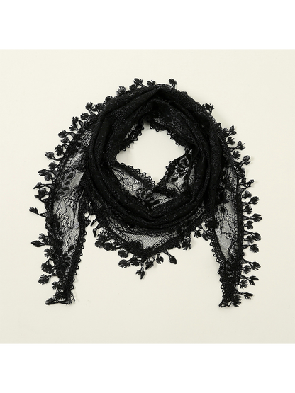Black floral lace triangle scarf arranged in a loose loop