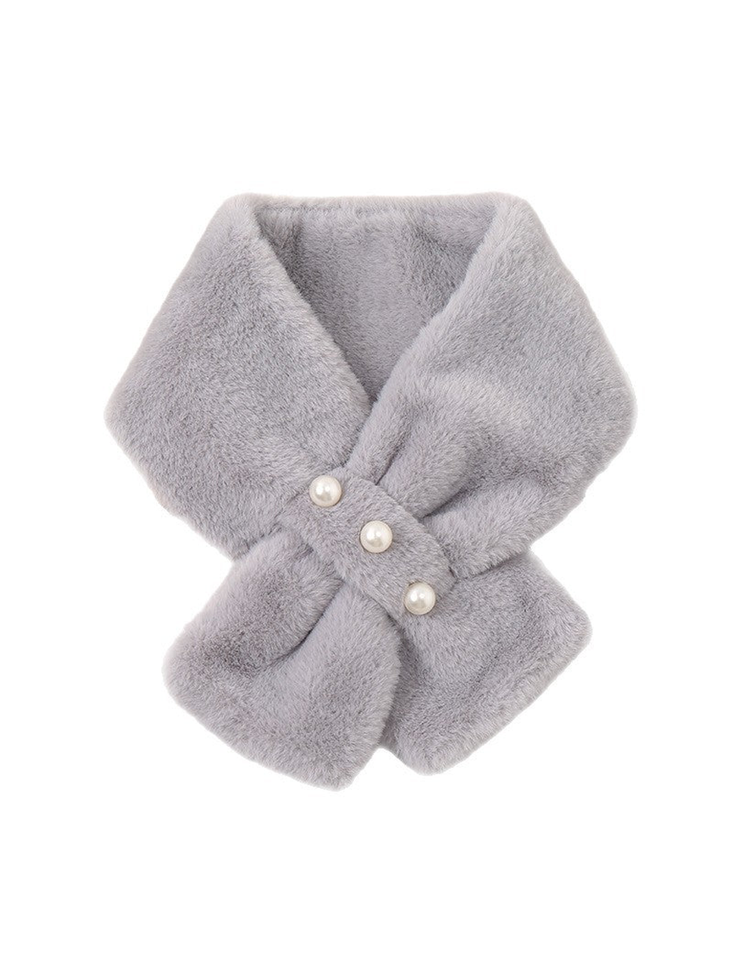 Light Gray fuzzy pull-through scarf with three pearl-look studs