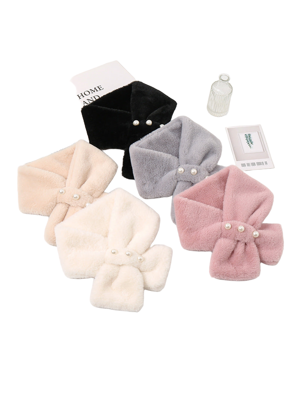 Black, ivory, beige, light gray and blush pink pull-through scarves displayed together